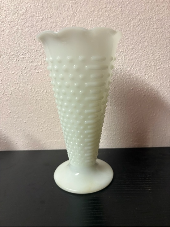 Other - Vintage White Milk Glass Hobnail Pedestal Vase Ruffled Scalloped Rim